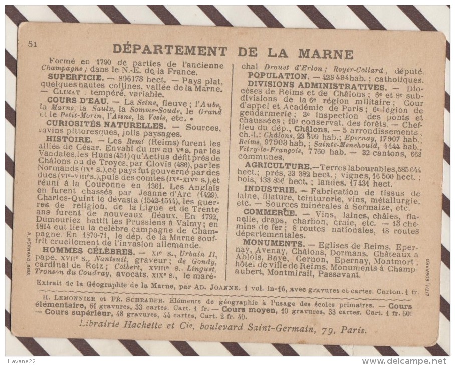 4AG1626 CHROMO HACHETTE Géographique + Vues Département  MARNE REIMS CHALONS STE MENEHOULD - Géographie