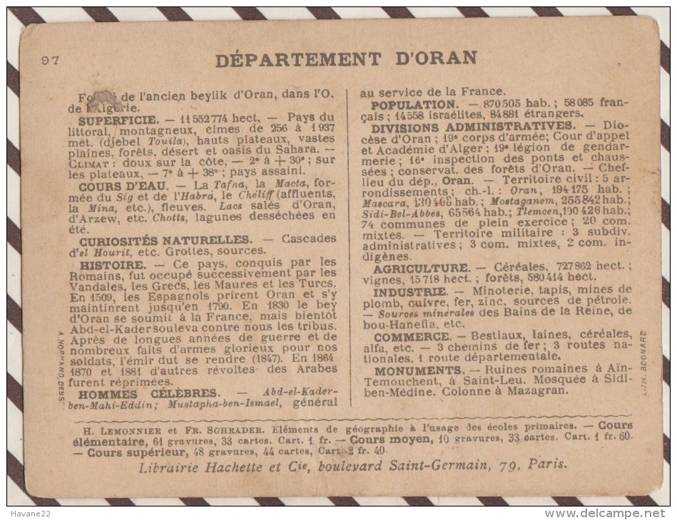 4AG1633 CHROMO HACHETTE Géographique + Vues Département  DEPARTEMENT D'ORAN GERYVILLE TLEMCEN MAZAGRAN - Géographie