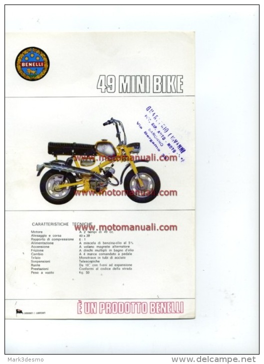 Benelli 49 MINIBIKE 1972 Depliant Originale Genuine Factory Brochure Prospekt - Motos