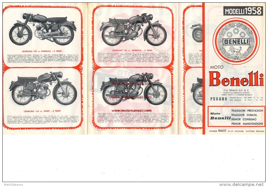 Benelli Produzione Moto 1958 Depliant Originale Genuine Factory Brochure Prospekt - Moto