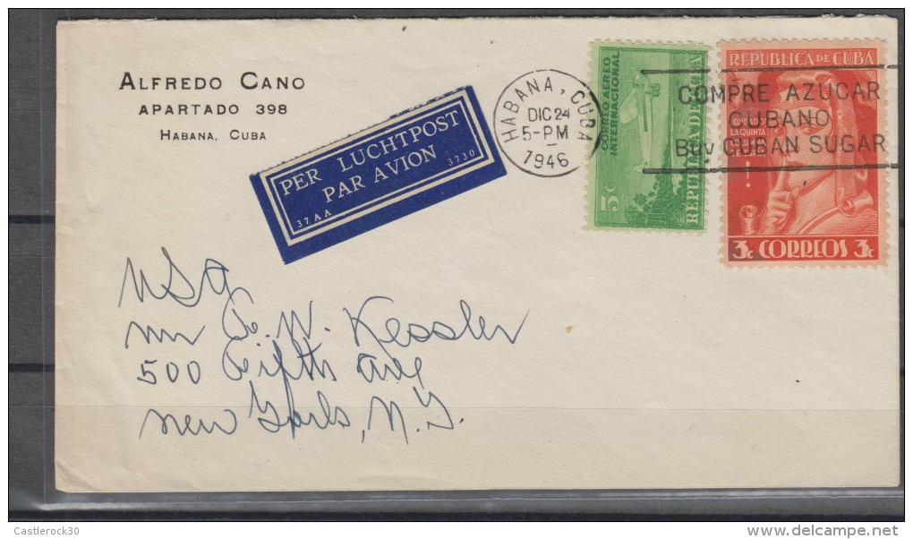 O) 1946 CARIBE, STAMP BUY CUBAN SUGAR, PLANE, I SPY THE FIFTH COMMUNE, COVER TO UNITED STATES, XF - Poste Aérienne