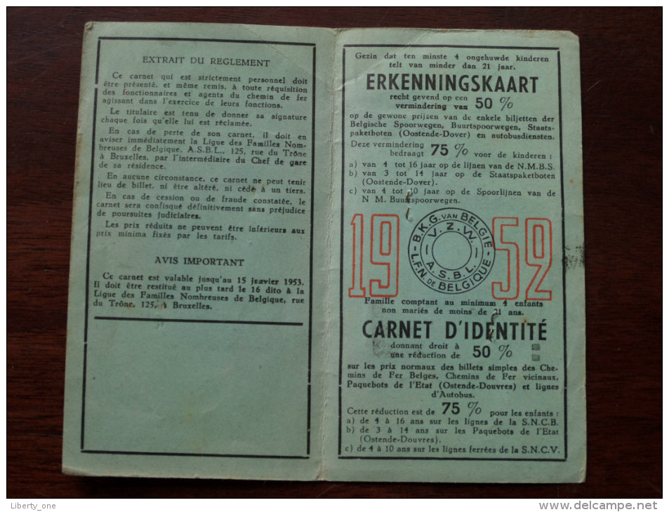 Bond Kroostrijke Gezinnen ERKENNINGSKAART - CARNET D´IDENTITE Anno 1952 ( Menten Henriette Schakkebroek ) ( Photo ) !! - Autres & Non Classés