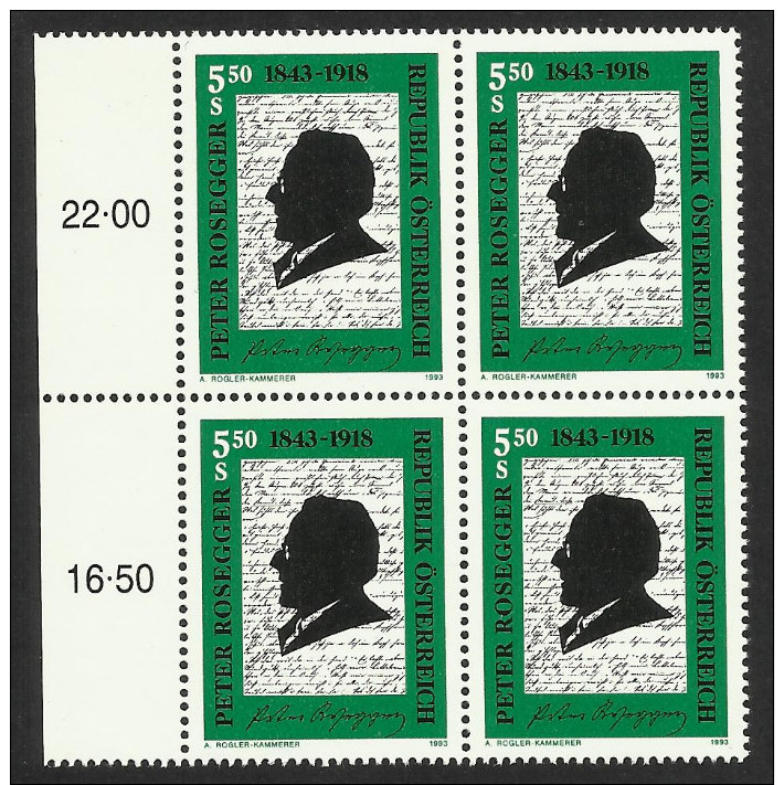 Österreich 1993   "150. Geburtstag Von Peter Rosegger"  4er-Block  ÖS 5,50   ANK Nr. 2127 **/ Feinst Postfrisch - Unused Stamps