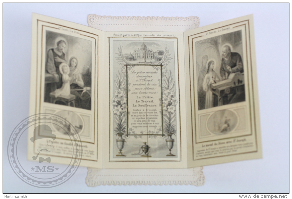 Antique French Triptych Paper Lace Holy Card - The 3 Secrets Of St. Joseph - Holy Lace  Edited Boumard, Paris - Imágenes Religiosas