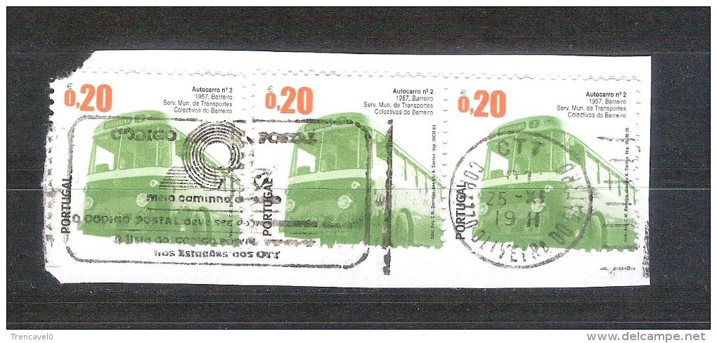 Portugal 2010-Transportes Publicos -3 Sellos Usados Con Fragmento-Matasellos Alusivo Al Codigo Postal - Usati