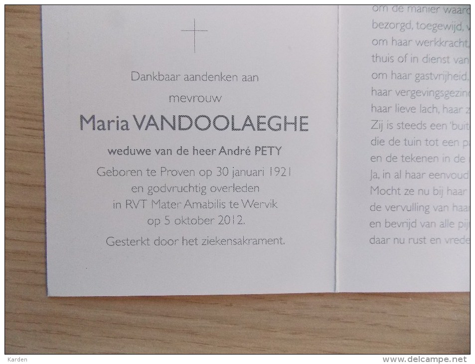 Doodsprentje Maria Vandoolaeghe Proven 30/1/1921 Wervik 5/10/2012 ( André Pety ) - Religione & Esoterismo