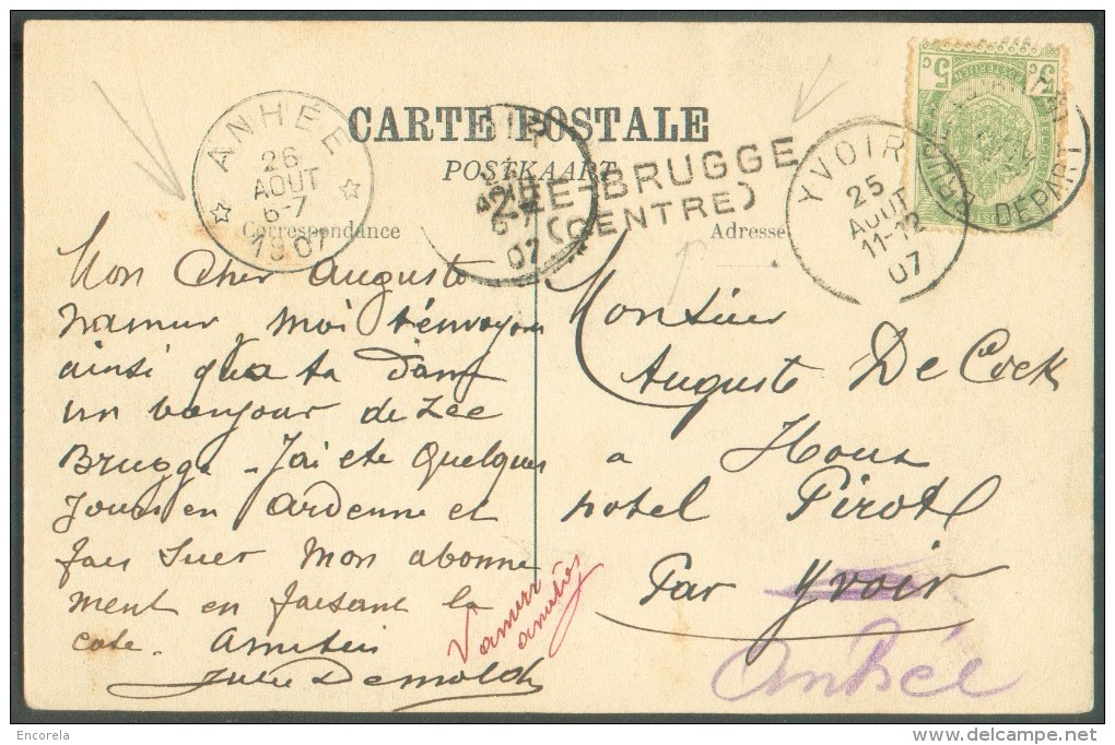 N°83 - 5 Centimes Obl. Sc BRUGES (STATION) DEPART Sur Carte Vue (La Claire Voie Du Môle)du 25 Août 1907 + Griffe ZEE-BRU - Linear Postmarks