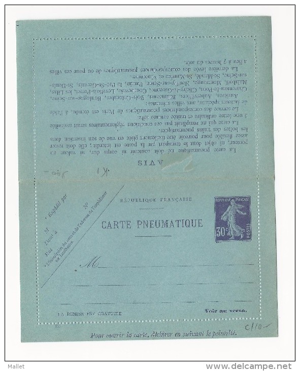 Entier Postal Semeuse Fond Plein 30c Violet - 1907 - Pneumatiques
