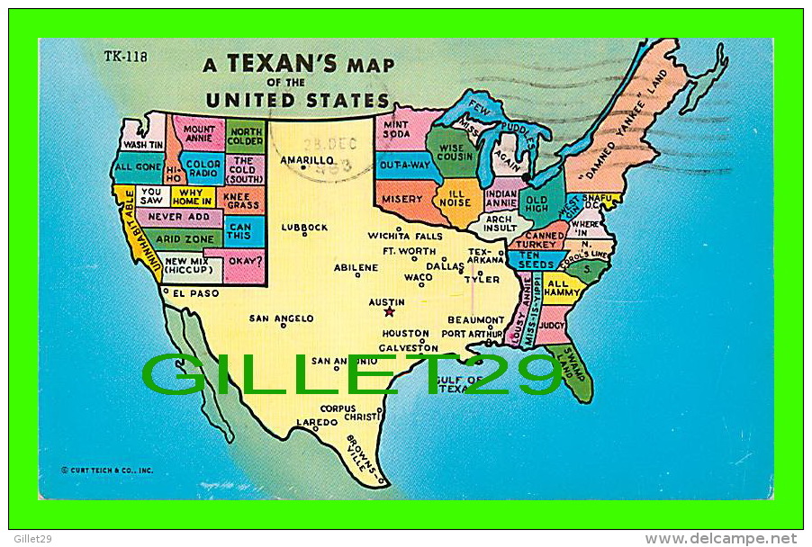 MAPS - CARTES GÉOGRAPHIQUES - A TEXAN´S MAP OF THE UNITED STATES - TRAVEL IN 1963 - CURTEICHCOLOR - - Cartes Géographiques