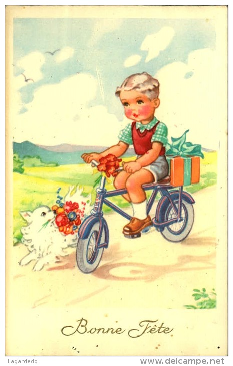 BONNE FETE ENFANT A VELO AVEC CHIEN  E S P - Contemporary (from 1950)