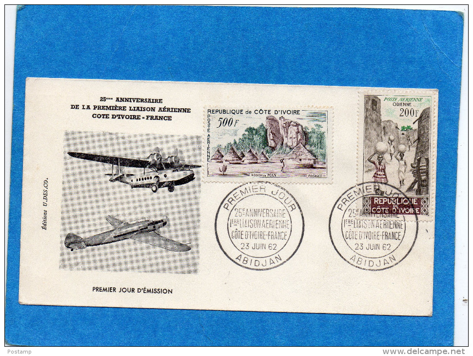 MARCOPHILIE- Cote D'ivoire-cad1962-25ème  Anni 1ere Liaison  Aérienne -enveloppe Illustrée -avion Hier Et 62 - Ivory Coast (1960-...)