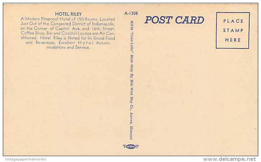 225293-Indiana, Indianapolis, Hotel Riley, Art Deco Design, Linen Postcard, MWM No A-1308 - Indianapolis