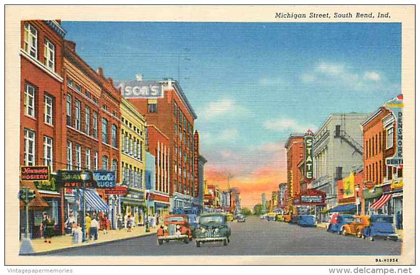 225297-Indiana, South Bend, Michigan Street, Business Section, Linen Postcard, Curteich 9A-H1954 - South Bend