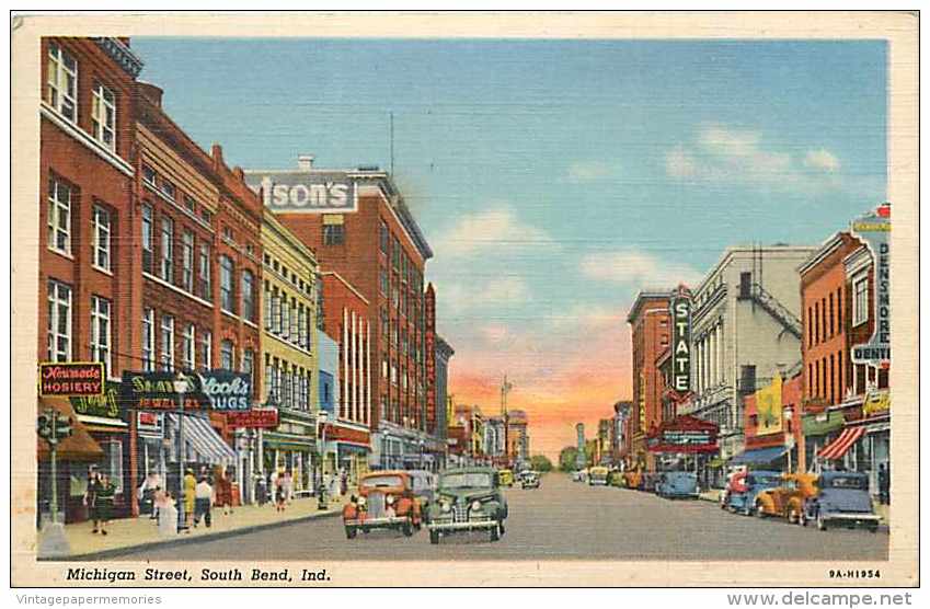 225299-Indiana, South Bend, Michigan Street, Business Section, Linen Postcard, Curteich 9A-H1954 - South Bend