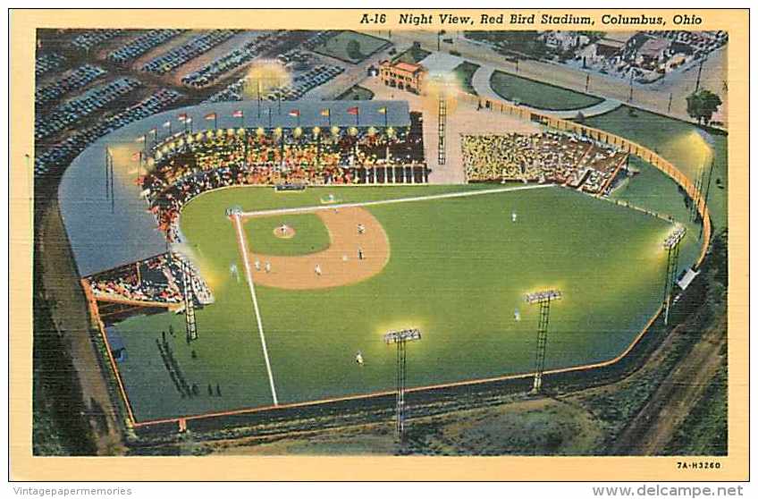 225301-Ohio, Columbus, Red Bird Stadium, Night View, Linen Postcard, Curteich No 7A-H3260 - Baseball