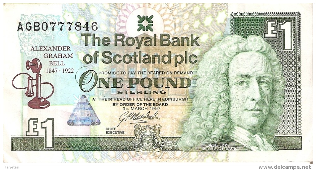 BILLETE DE ESCOCIA DE 1 POUND DEL AÑO 1997  (BANKNOTE) CONMEMORATIVO ALEXANDER GRAHAM BELL - 1 Pond