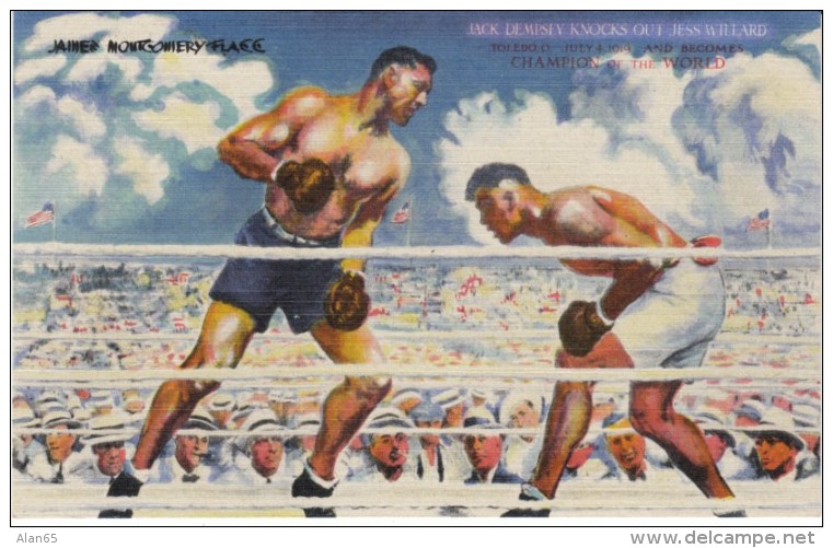 Boxing Dempsey Knocks Out Willard 1919 Artist Image, Ad Dempsey's New York Restaurant, C1940s Vintage Linen Postcard - Boxing