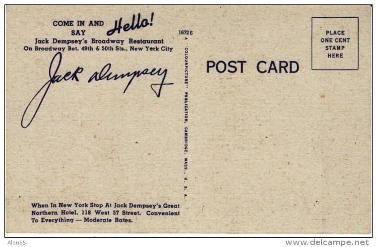 Boxing Dempsey Knocks Out Willard 1919 Artist Image, Ad Dempsey's New York Restaurant, C1940s Vintage Linen Postcard - Boxing