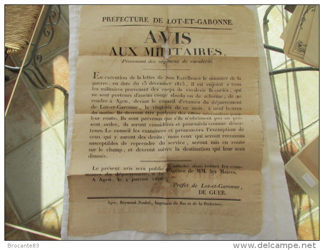 ORDRE DE MOBILISATION LORS DE LA SECONDE RESTAURATION DANS LE LOT ET GARONNE EN 1816 - Documents