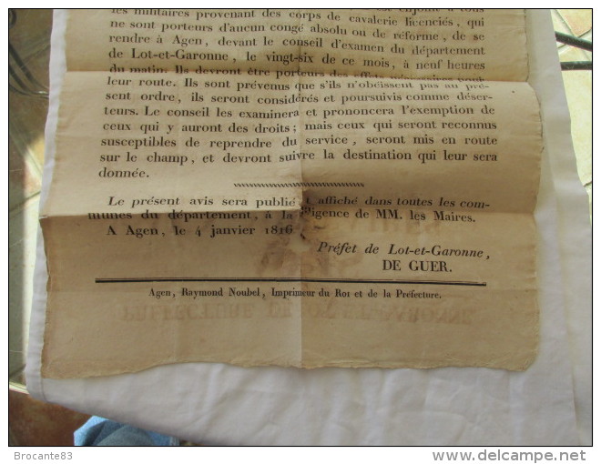 ORDRE DE MOBILISATION LORS DE LA SECONDE RESTAURATION DANS LE LOT ET GARONNE EN 1816 - Documents