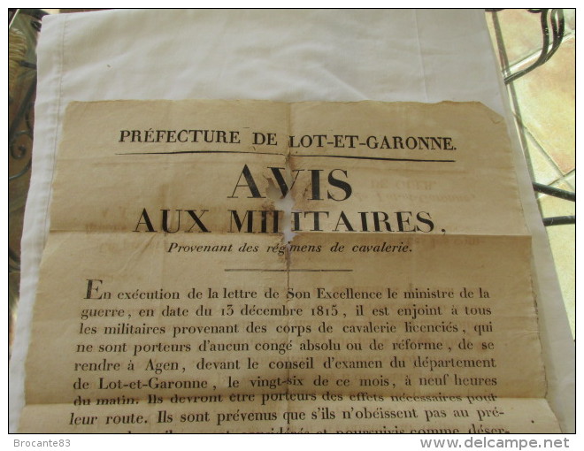 ORDRE DE MOBILISATION LORS DE LA SECONDE RESTAURATION DANS LE LOT ET GARONNE EN 1816 - Documents