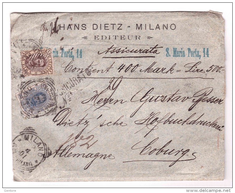 ITALY Insured Mail For Lire 500  To Goburg 2-4-1901  Franked With Lire 1,25 (Sassone 48+62) Red Wax Seals On The Back - Assurés