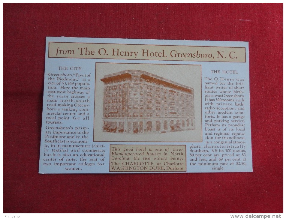 North Carolina> Greensboro  O. Henry Hotel   Ref 1556 - Greensboro