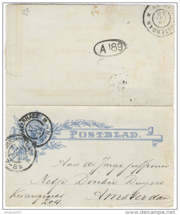 OLANDA - PAESI BASSI - NEDERLAND - PAYS BAS - 1898 - Postblad 5c - Viaggiata Da 'S-Gravenhage Per Amsterdam - Postal Stationery