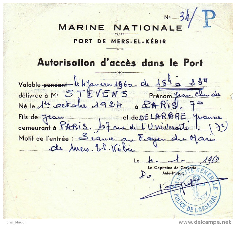 Laissez-Passer Du Port De Mers-el-Kébir Pour Jean-Claude Stevens (explorateur) - FRANCO DE PORT - Non Classés