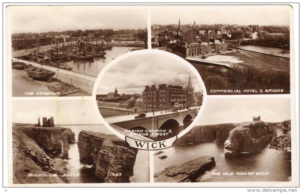 Wick - Harbour, Church, Hotel & Bridge,  Old Man Of Wick, Buchollie Castle Black & White Photographic Postcard - Caithness