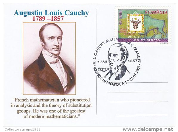 4966- AUGUSTIN LOUIS CAUCHY, MATHEMATICIAN, SPECIAL POSTCARD, 2007, ROMANIA - Informatik