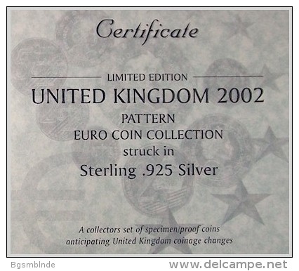 GB/UK - 9 Probe/Pattern-Euro In Massiv Silver 925 - 1 Cent Bis 5 Euro - Aussenhandelswährungen, Testprägungen, Gegenstempel U.a.