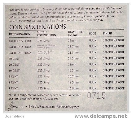 GB/UK - 9 Probe/Pattern-Euro In Massiv Silver 925 - 1 Cent Bis 5 Euro - Aussenhandelswährungen, Testprägungen, Gegenstempel U.a.