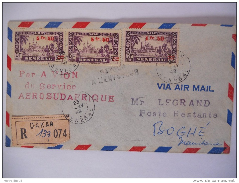 Senegal Lettre Recommande De Dakar 1949 Pour Boghe , Cachet Aerosudafrique - Briefe U. Dokumente