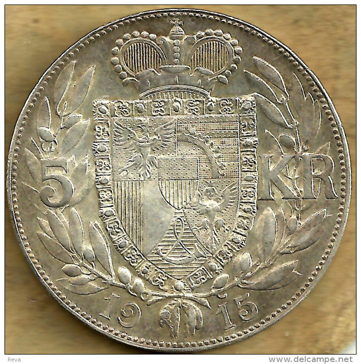 LIECHTENSTEIN 5 KRONEN SHIELD & WREATH FRONT PRINCE HEAD BACK 1915 AG  AU-UNC Y.4  READ DESCRIPTION CAREFULLY !!! - Liechtenstein