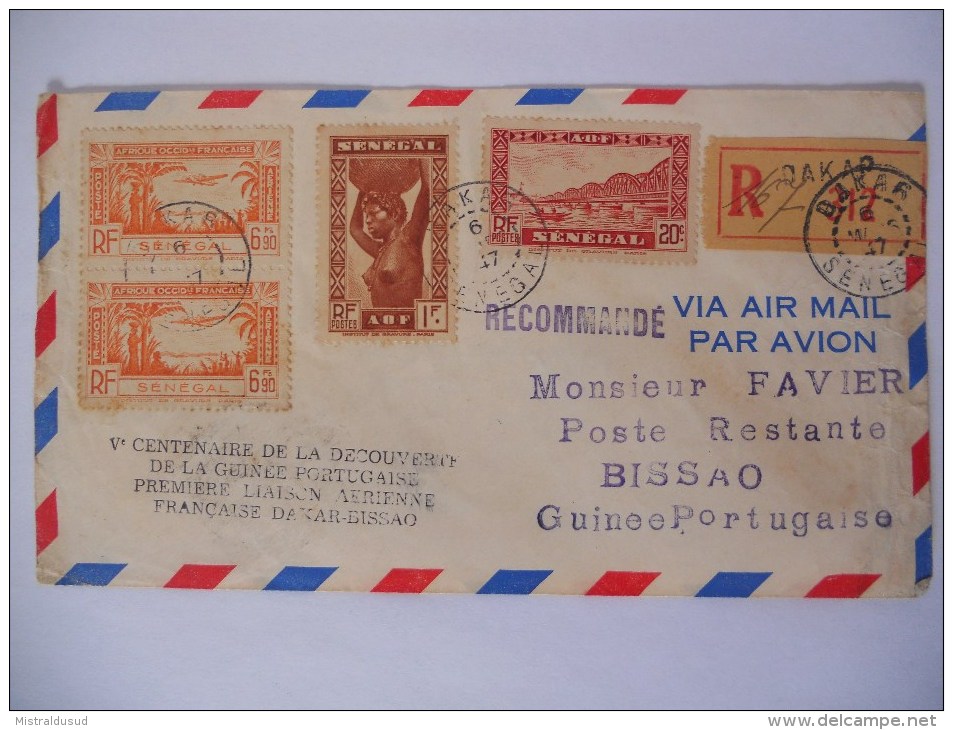 Senegal Lettre Recommande De Dakar 1947 Pour Bissao , Cachet 5 Centenaire Decouverte Guinee Portugaise - Briefe U. Dokumente