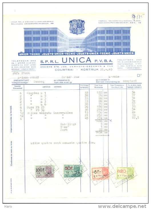 Facture " UNICA" Jouets, Poupées, (doll )à Kortrijk - Courtrai 1949 (sf102) - 1900 – 1949
