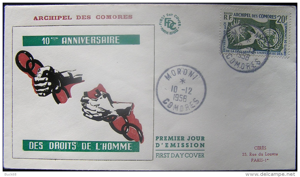 COMORES Poste  15 FDC 1er Jour MORONI Droits De L'homme Human Rights Chaînes Main - Covers & Documents