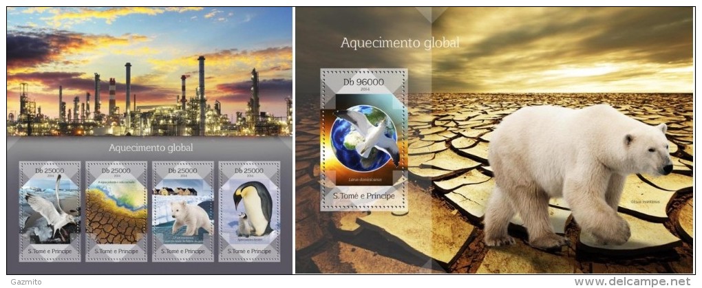 S. Tomè 2014, Global Warming, Polar Bears, Penguin, 4val In BF +BF - Fauna ártica