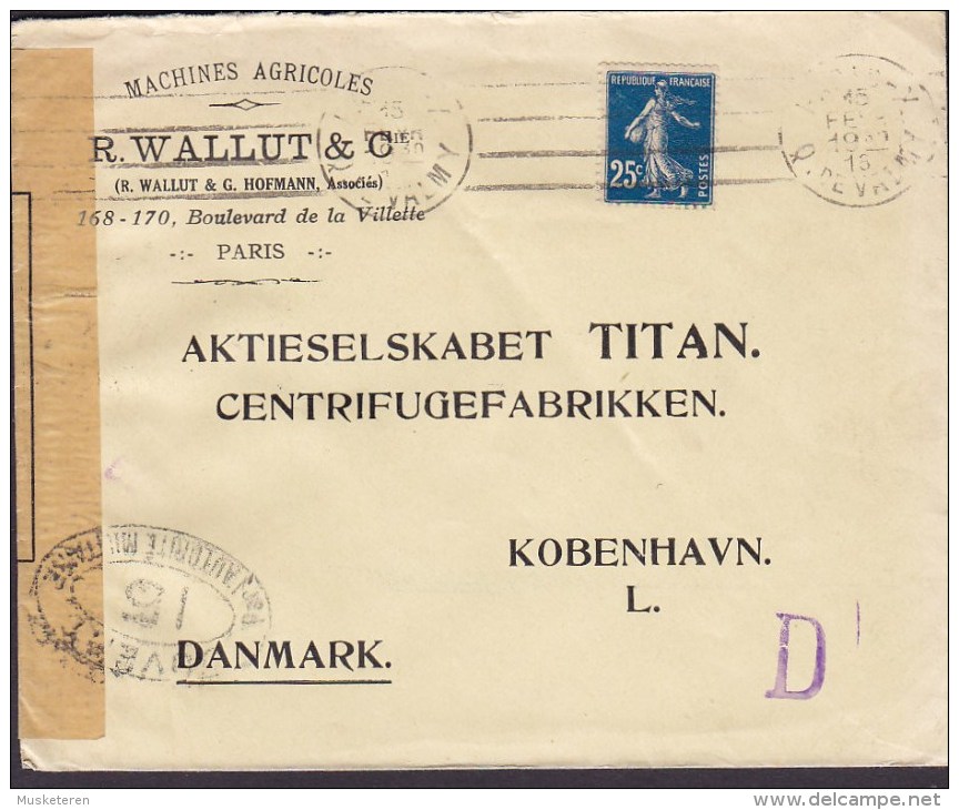 France R. WALLUT & Cie, PARIS R. De Valmy 191? Cover Lettre Denmark CONTROLE Censure Militaire Censor Semeuse (2 Scans) - 1906-38 Säerin, Untergrund Glatt