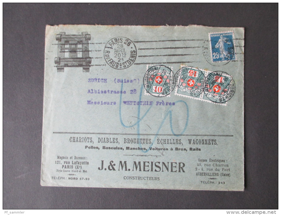 Frankreich 1921 Beleg In Die Schweiz. Nachporto Nachtaxiert Mit Schweizer Marken!! J.&M. Meisner Constructeurs - Cartas & Documentos