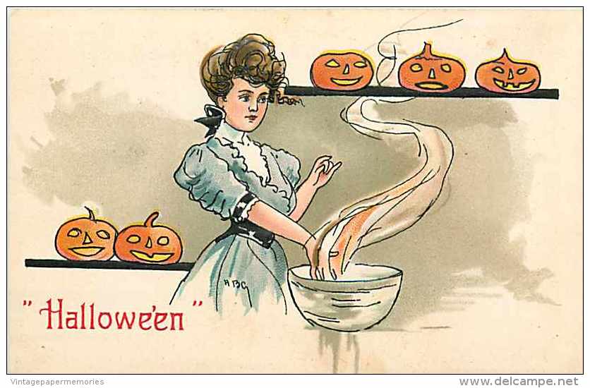 225439-Halloween, Leubrie & Elkus No 2215-1, Artist HB Griggs, Woman Cooking While Jack O Lanterns Watch - Halloween