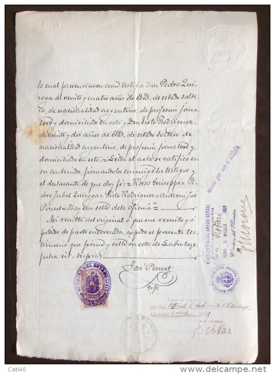 CORDOBA  ARGENTINA DOCUMENTO IN BOLLO DI CITTADINO ITALIANO CON RARI TIMBRI E FIRME - 1909 - Revenue Stamps