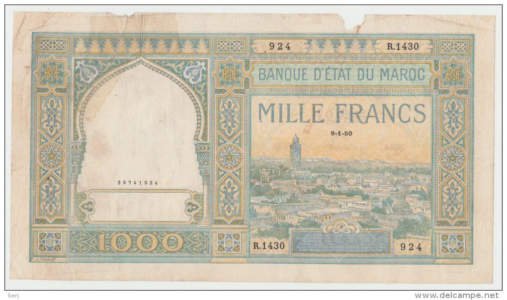 Morocco 1000 Francs 1950 VG-aF RARE Pick 16c  16 C - Morocco