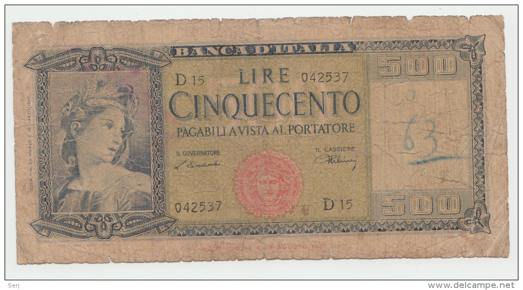 Italy 500 Lire 1947 G-VG Pick 80a 80 A - 500 Liras