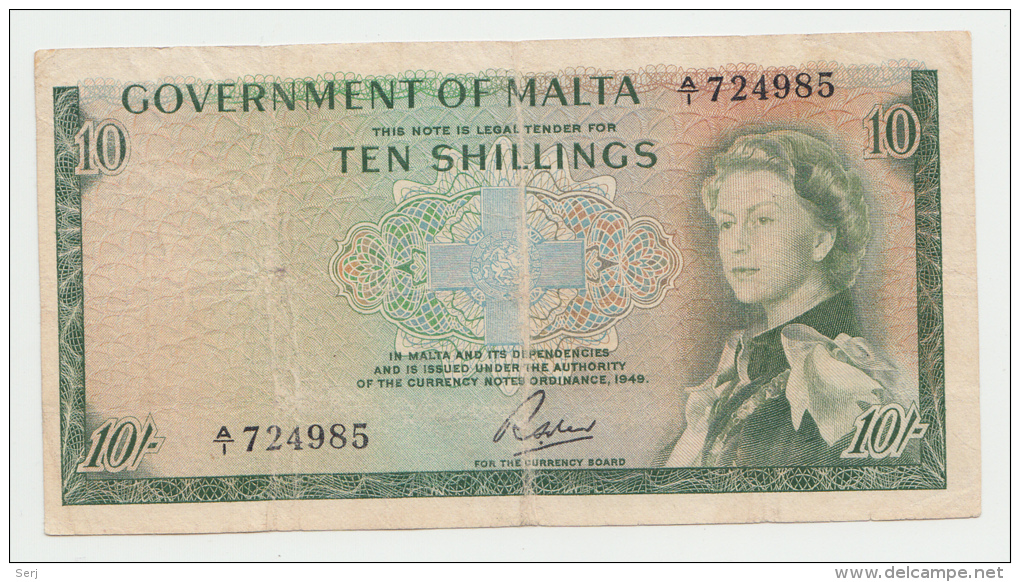 Malta 10 Shillings 1949 (1963) AVF Pick 25 - Malta