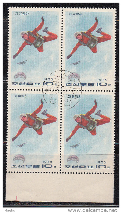 Block Of 4 Used / CTO, Parachute, Parachutting, Airplane, Sport, North Korea 1975 - Parachutisme
