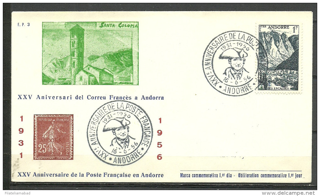 ANDORRA- 25 ANNIVERSAIRE DE LA POSTE FRANCAISE ANDORRA 1931-1956 SELLOS Nº 138 ( C.CARTAS. C.10.14) - Covers & Documents