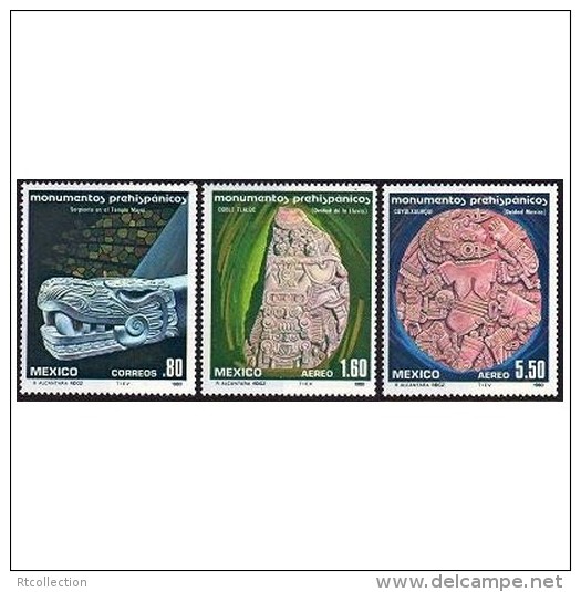 Mexico 1980 Architecture Monuments Temple Water God Cultures Religions Stamps MNH Mexico 1194 C625-C626 Michel 1701-1703 - Mexico