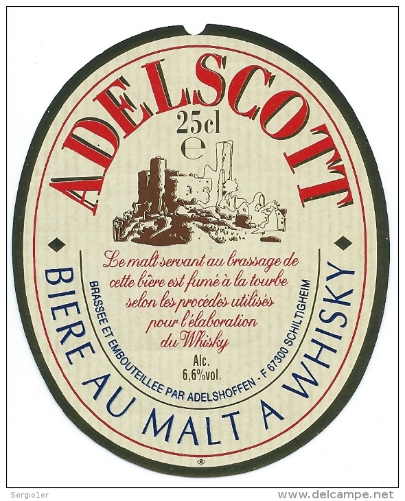 Ancienne étiquette Bière Adelscott  Bière Au Malt à Whisky  25 Cl  Bordure Dorée  Adelshoffen  67 - Beer